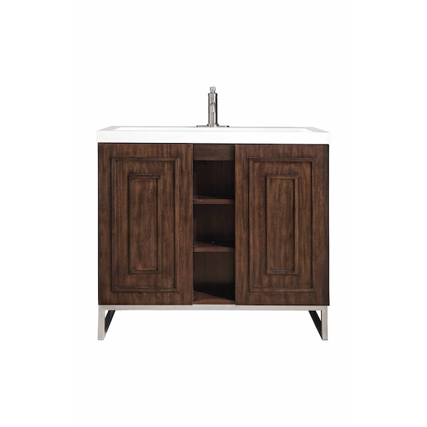 James Martin Vanities Alicante 39.5in Single Vanity, Mid-Century Acacia, Brushed Nickel W/White Glossy Composite Stone Top E110V39.5MCABNKWG - main